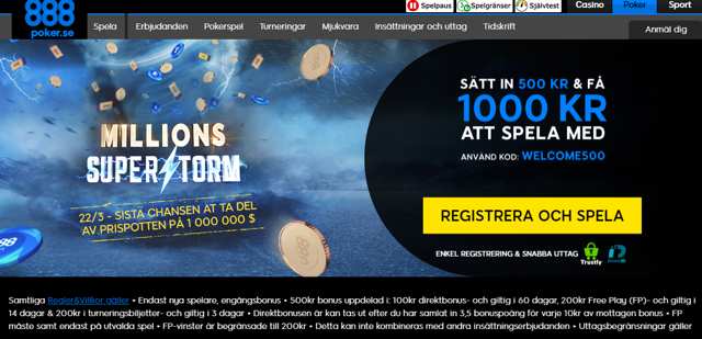 888poker - Endast nya spelare, engångsbonus - 500kr bonus